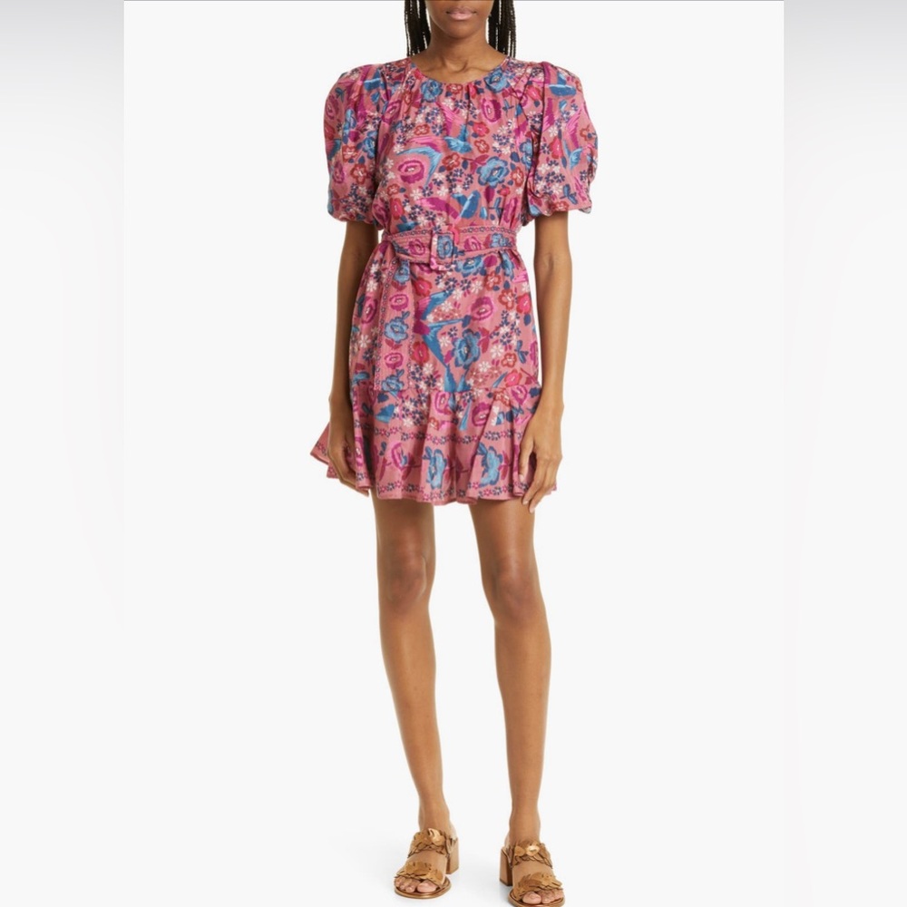Farm Rio Birds BlushFloral Puff Sleeve Belted Cotton Blend Dress